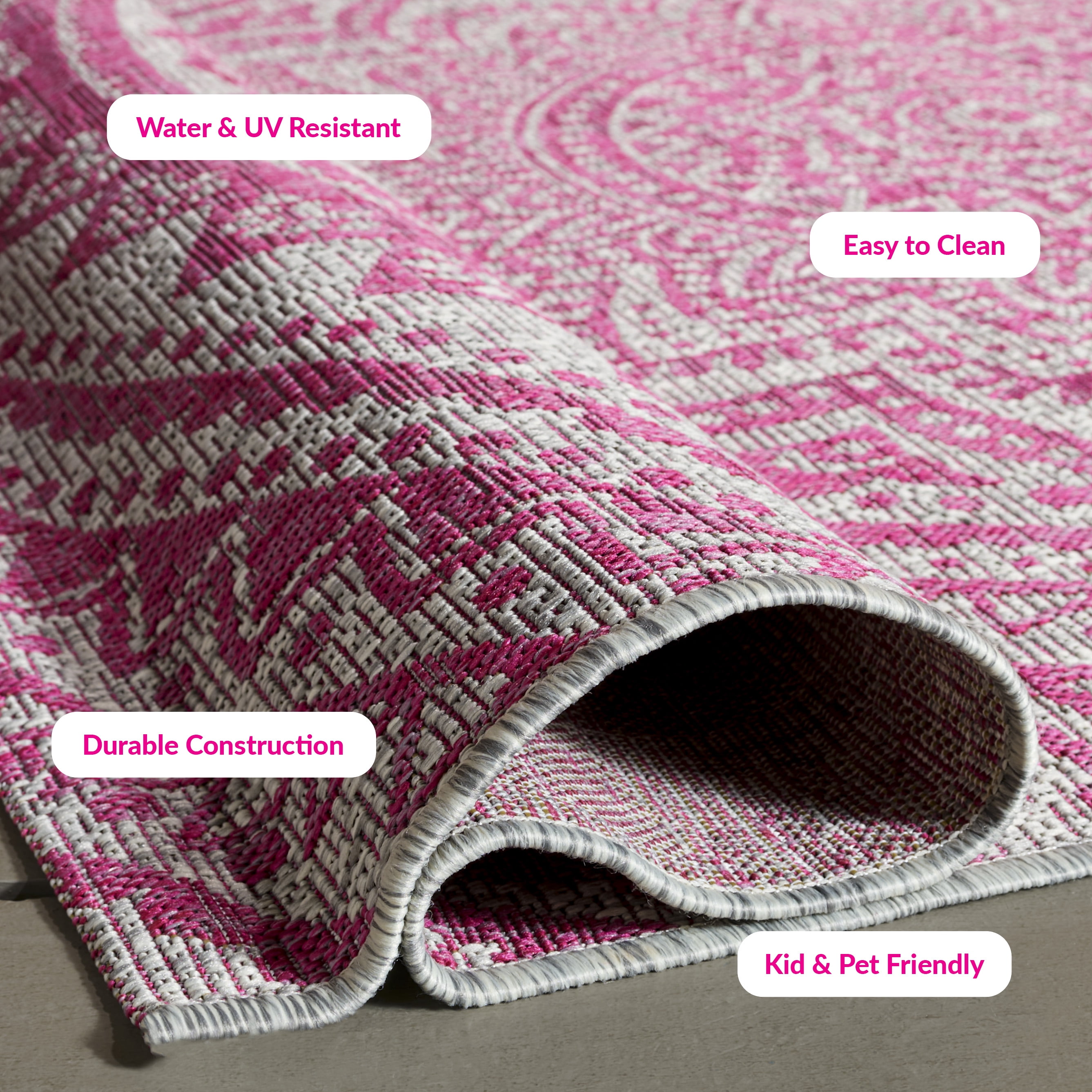 SAFAVIEH Courtyard Josiah Floral Medallion Indoor/Outdoor Area Rug, 6'7" x 6'7" Square, Light Grey/Fuchsia
