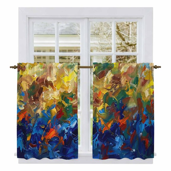 Blue Yellow Green Kitchen Curtains 54 Inch Length, Modern Abstract Gradient Aesthetic Art Tiers Curtains for Bathroom Bedroom Cafe, Light Filtering Small Window Treatment Drapes 2 Panels 42"Wx54"L