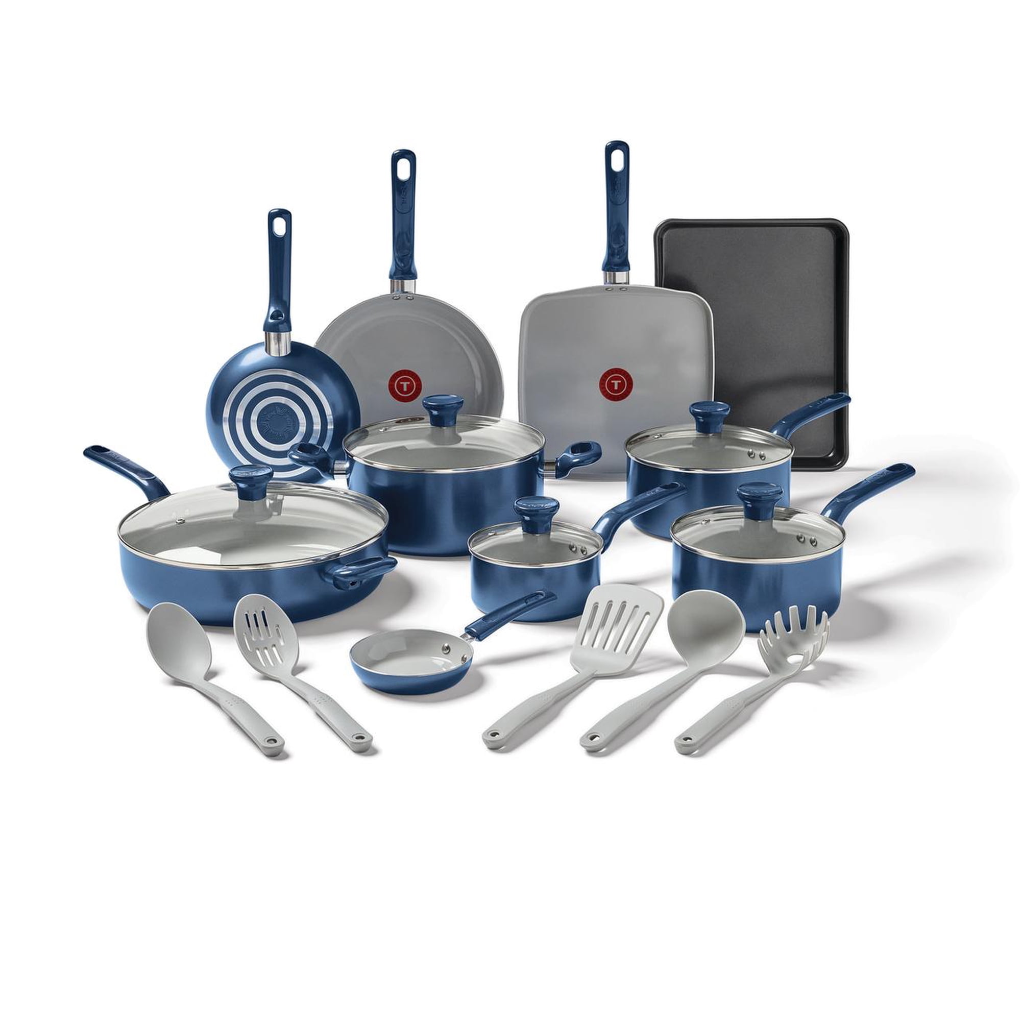 T-fal Easy Care Ceramic  20 Piece Pots and Pans Cookware Set  Electric Blue