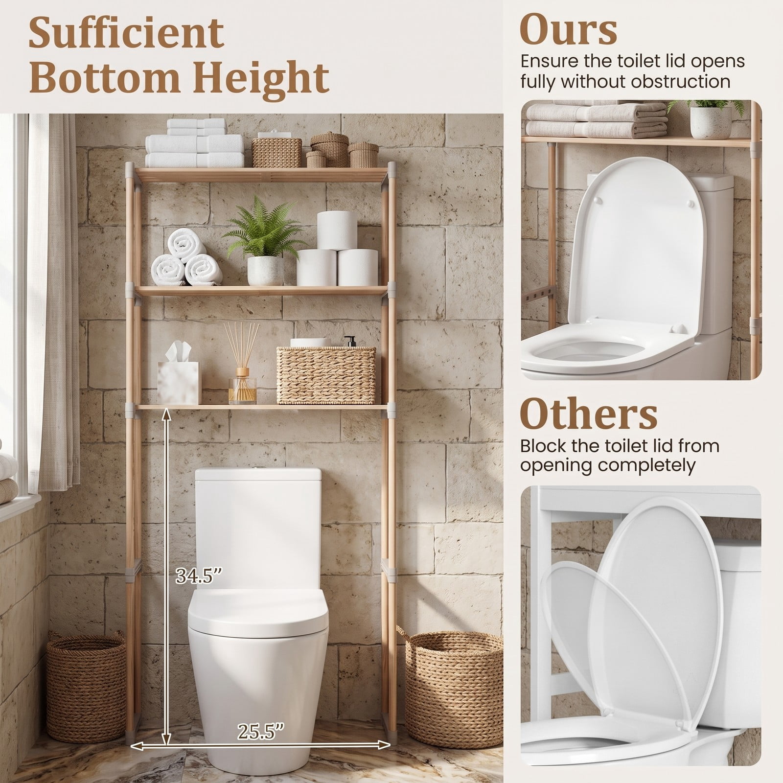 ALPULON Multi-Tier Over the Toilet Storage Rack with Open Shelves and Solid Pine Wood Frame for Bathroom and Laundry Room, Natural and Gray