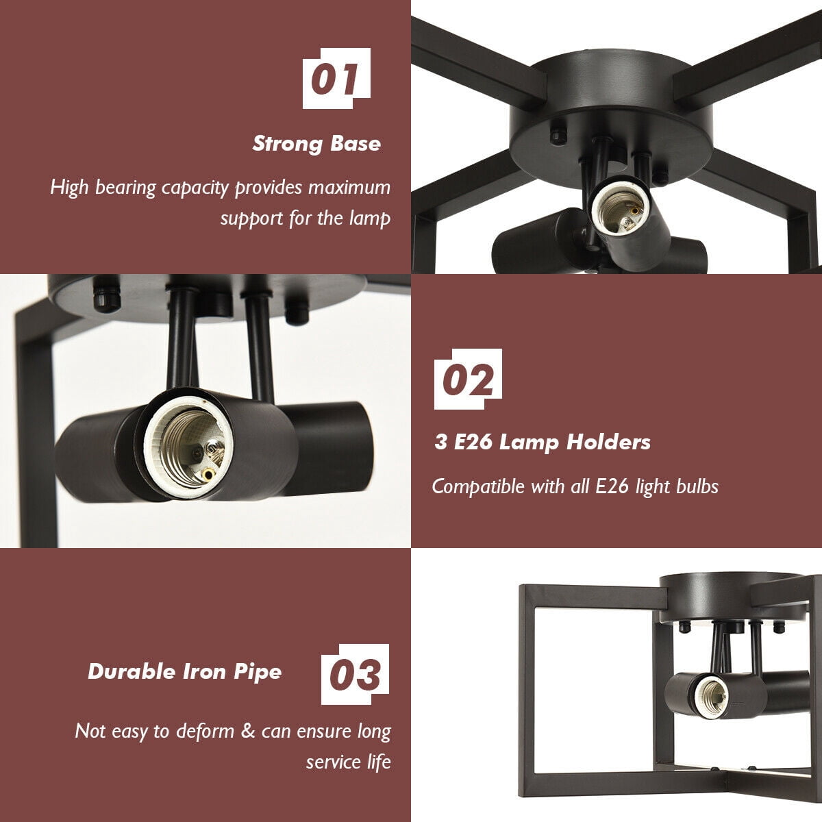 Gymax 3-Lights Flush Mount Ceiling Lamp Geometric Metal w/ Iron Square Lamp Shade
