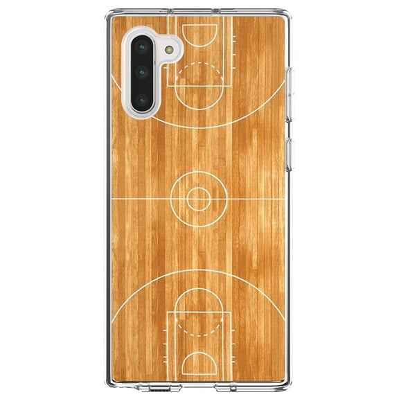 DistinctInk Clear Shockproof Hybrid Case for Samsung Galaxy Note 10 (6.3" Screen) - TPU Bumper, Acrylic Back, Tempered Glass Screen Protector - Basketball Court Layout - Basketball