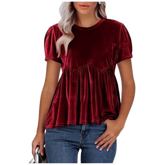 Olyvenn Womens Velvet Peplum Babydoll Tops Casual Crewneck Pleated Blouse Short Sleeve Flared Swing Pullover Red XL