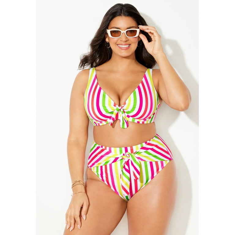 Swimsuits For All Women's Plus Size Striped Cup Sized Tie Front Underwire  Bikini Top 26 D/Dd Aloe White Stripe