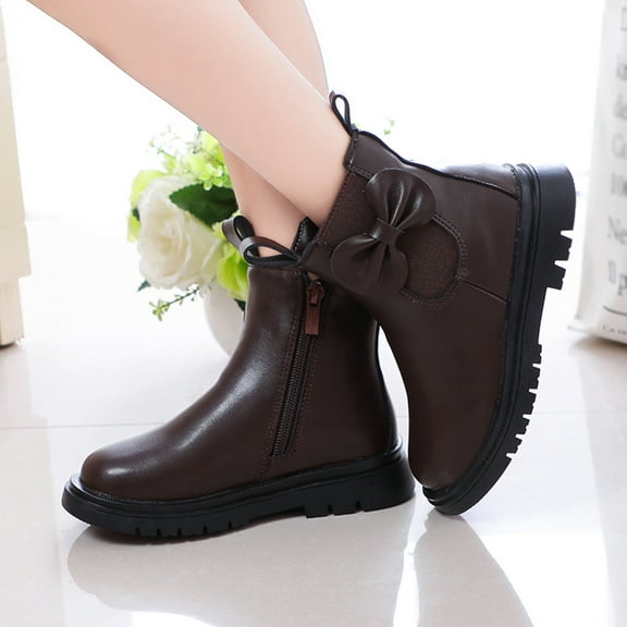 B91xZ Girls Ankle Boots Shoes Leather Short Boots Non Slip Breathable Boots (Brown, 11.5 Little Child)
