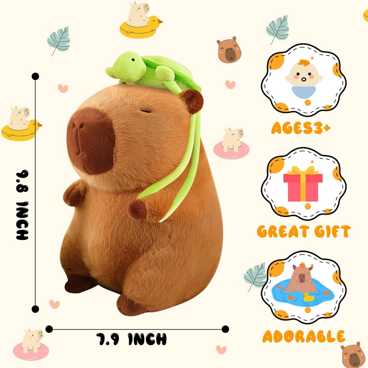 9.8in Capybara Plush, Easter Basket Stuffer, Cute Capybara Stuffed Animals with Turtle Backpack, Kawaii Capibara Plushie Toys for Kids, Doll Party Favors, Soft Hugging Gift for Classroom Birthday