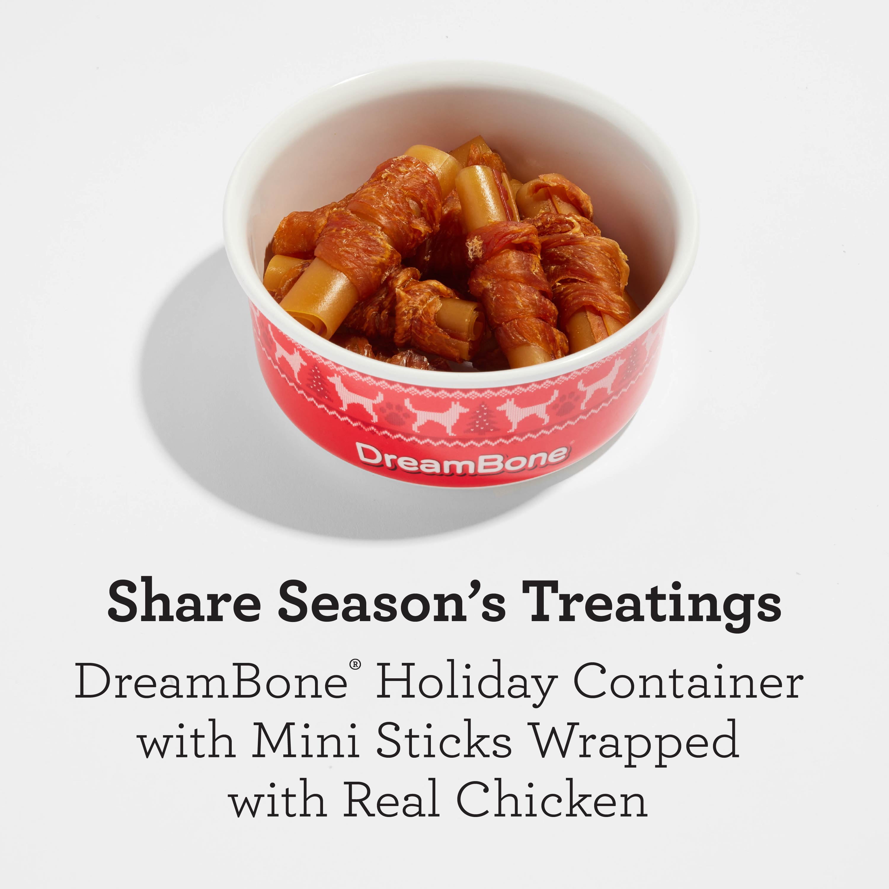 DreamBone Holiday Dog Bowl with Peanut Butter Mini Chews Wrapped in Real Chicken, 10 Chews