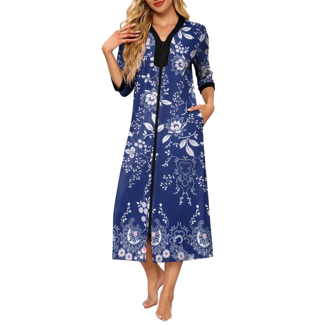 Bata Robe Ekouaer para mujer con cremallera y mangas 3/4, color azul XL
