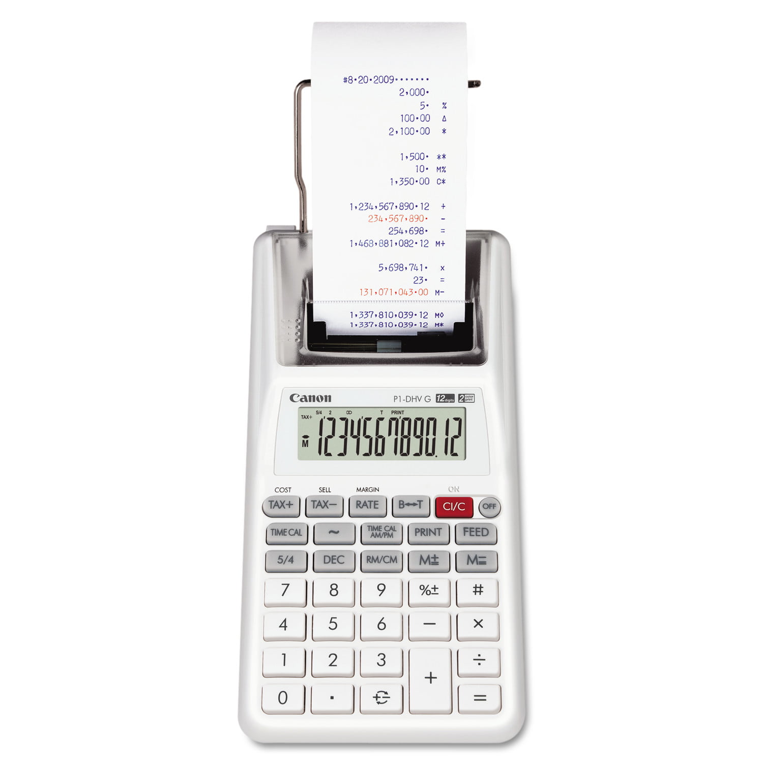 Canonamp;reg; P1-DHVG One-Color 12-Digit Printing Calculator Sold As 1 Each White Palm Printing Calculator Featuring a Stylish Silver Metallic Design. 