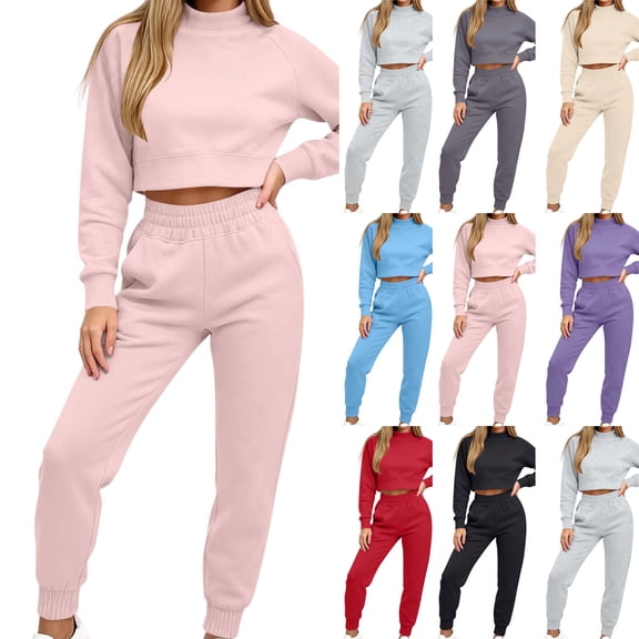 Women's 2 Piece Outfits Fall Winter Jogger Suits Long Sleeve Crop Tops and Sweatpants Comfy Loungewear Sets with Pockets Casual Tracksuit Red