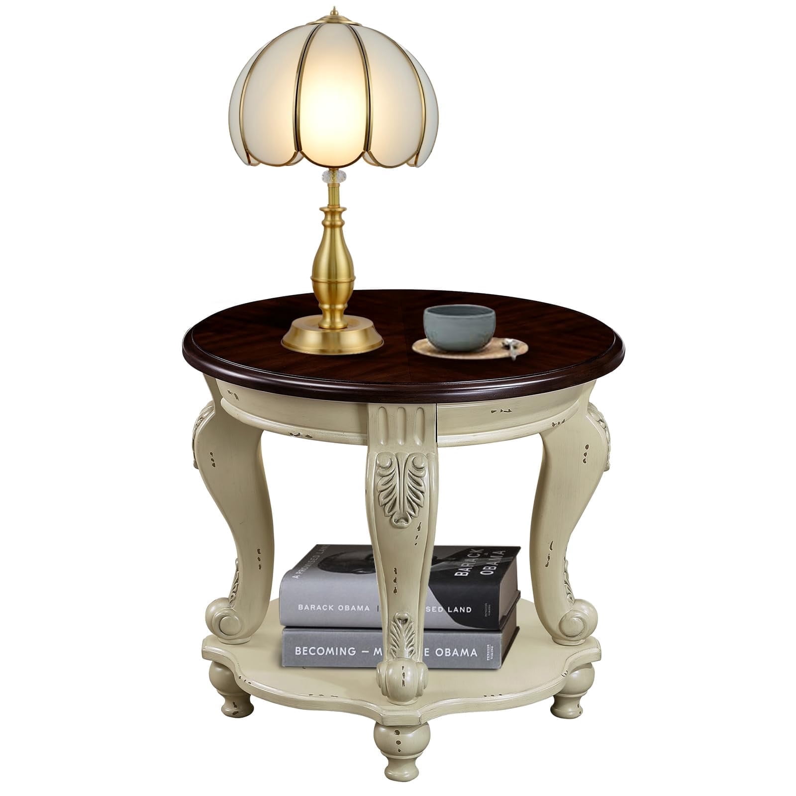 22" Two-Tone Round End Table - Solid Wood Side Table with Shelf & Carved Legs for Living Room, Vintage Style in Beige and Espresso