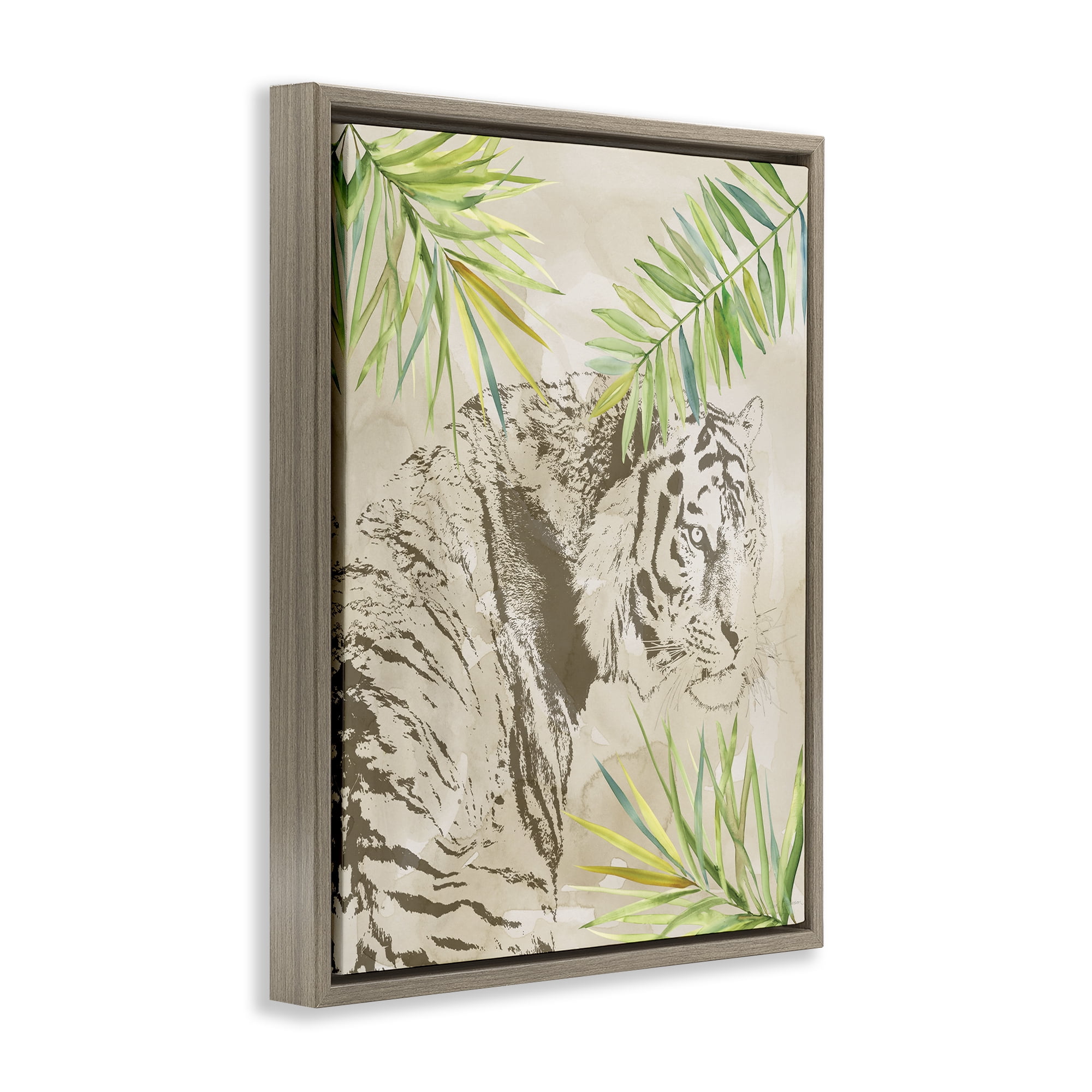 Stupell Industries Tiger Impression & Palms Animals Painting Brown Floater Framed Canvas Art Print Wall Art, 17 x 21