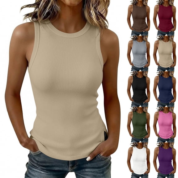VBVC Women's Ribbed Knit Racerback Tank Top, Ladies' Crew Neck Sleeveless Side Slit Cami, Casual Stretchy Basic Tee For Women,Army Green,S-2XL