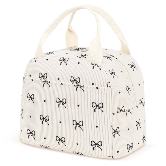 Inosoo Stylish Insulated Tote Lunch Bag for Women, Reusable Corduroy Lunch Box for School or Work, Black Bow Patterned