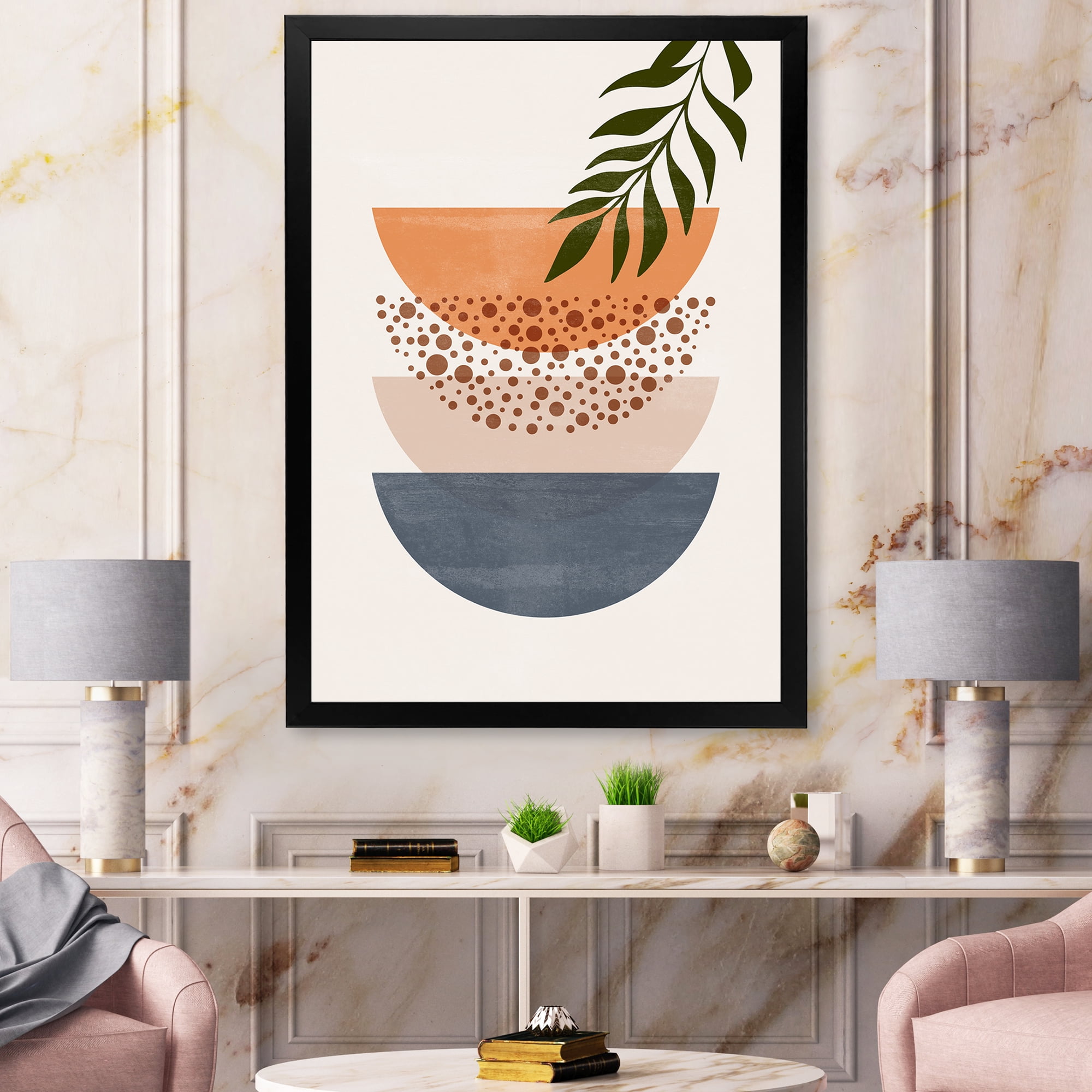 Designart 'Abstract Geometrical Moon and Sun With Leaf III' Modern Framed Art Print