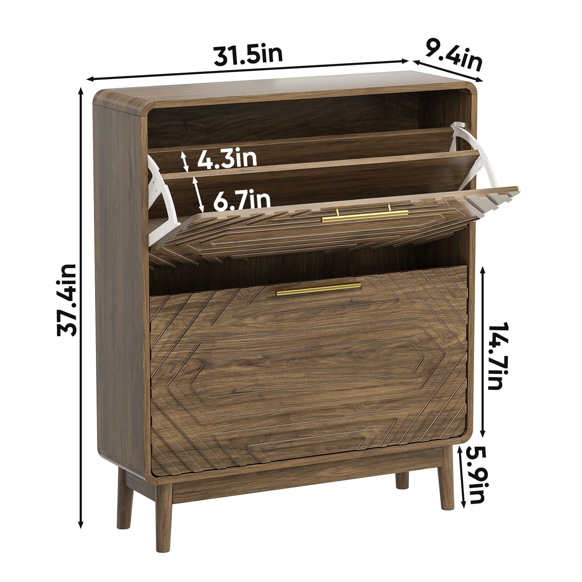 Sailvan 31.5" Walnut Shoe Cabinet, Mid-Century Modern Freestanding Organizer with 2 Flip-Top Drawers
