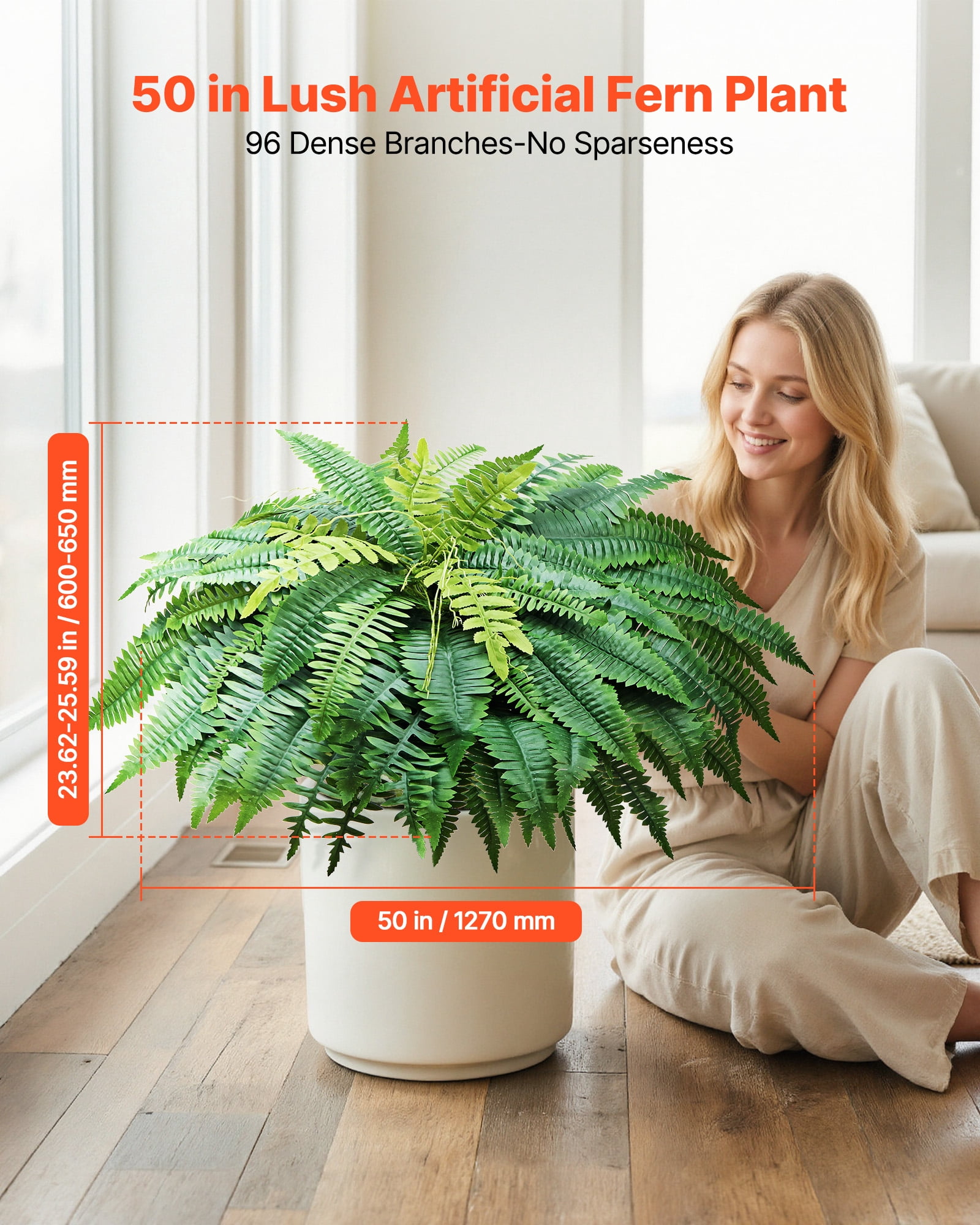 VEVOR Artificial Ferns, 50 Inch Fake Boston Fern Bush Plant with 96 Fronds, Large Faux Greenery for Indoor and Outdoor Decor, Silk & LDPE, Realistic for Home Porch Garden Office Living Room Planter