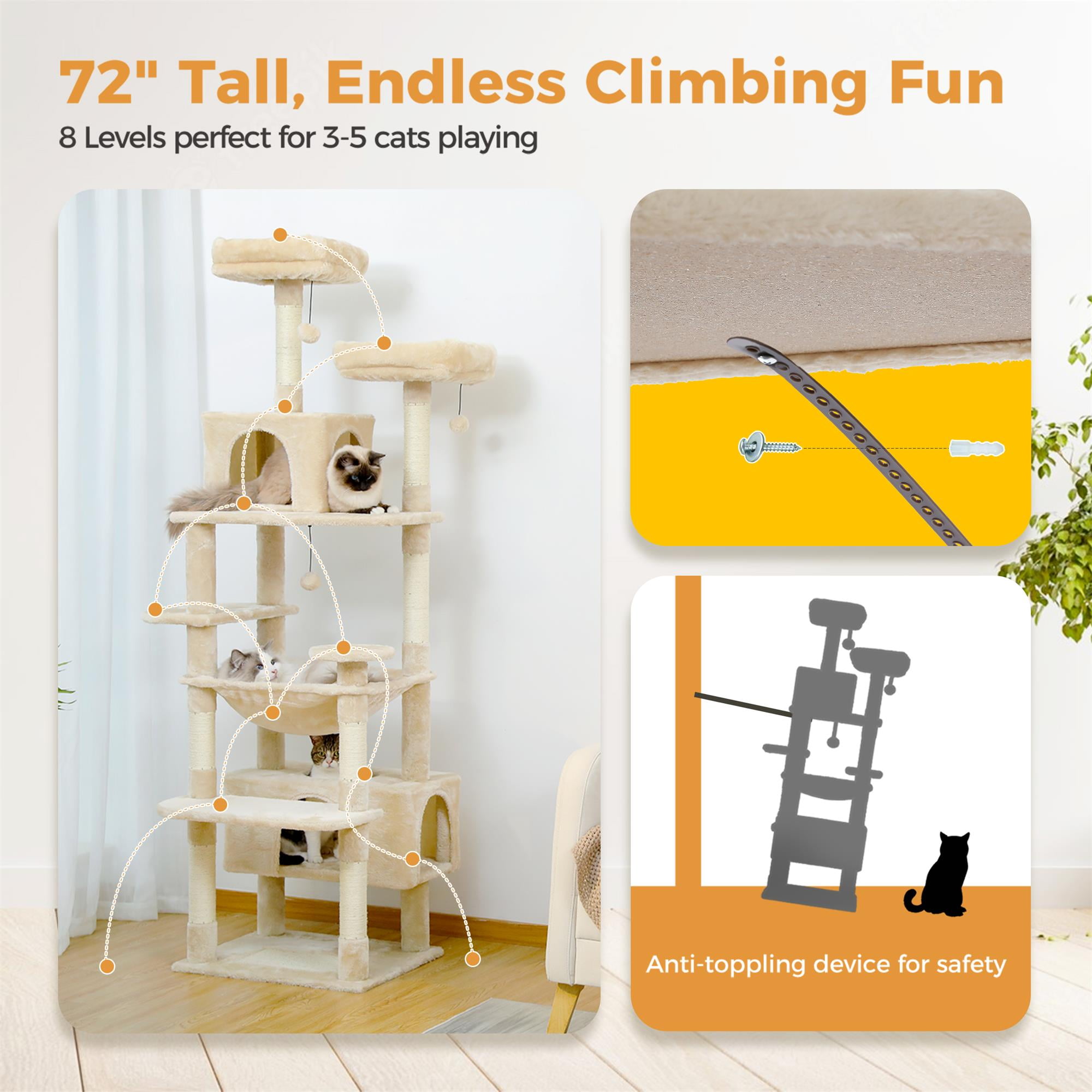 Pefilos 72" Cat Tree Tower for Large Cats, Indoor Cat Condo with Sisal-Covered Scratching Posts and Pads, 2 Padded Perch, Beige Pefilos 72" Cat Tree Tower for Large Cats, Indoor Cat Condo with Sisal-Covered Scratching Posts and Pads, 2 Padded Perch, Beige