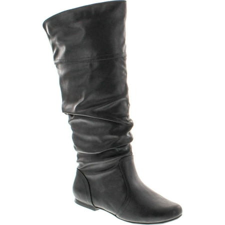 

Qupid Women s Neo144 Leatherette Basic Slouchy Knee High Flat Boot Black PU-14 6