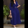 thumbnail image 4 of Vestido Plisado para Mujer, Cuello en V, Larga, Corte A, para Iglesia, Trabajo Formal, Negocios, con Cinturón Azul Oscuro S, 4 of 10