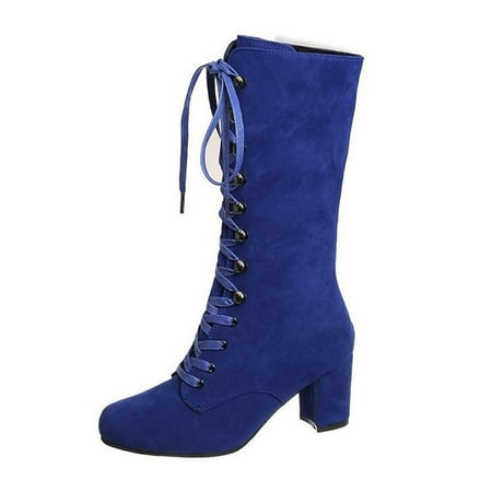 

Christmas Gifts Juebong Women Boots Retro Shoes Casual Thick Low-heeled Boots Plus Size Mid Calf Lace Up Boots
