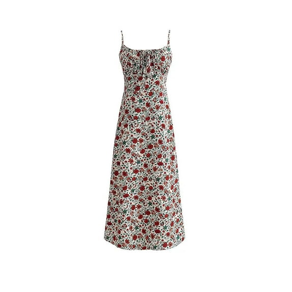 Womens Summer Boho Vintage Dress Fairy Grunge Tie-up U-shaped Neck Skirts Spaghetti Strap Floral Print Long Sundress
