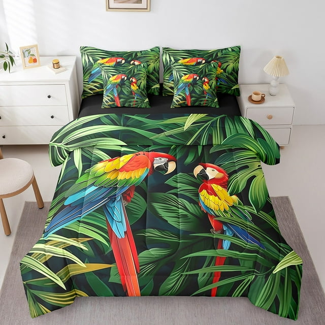 YST 3D Parrot Bedding Comforter Set Tropical Palm Tree Theme 7pcs, Full