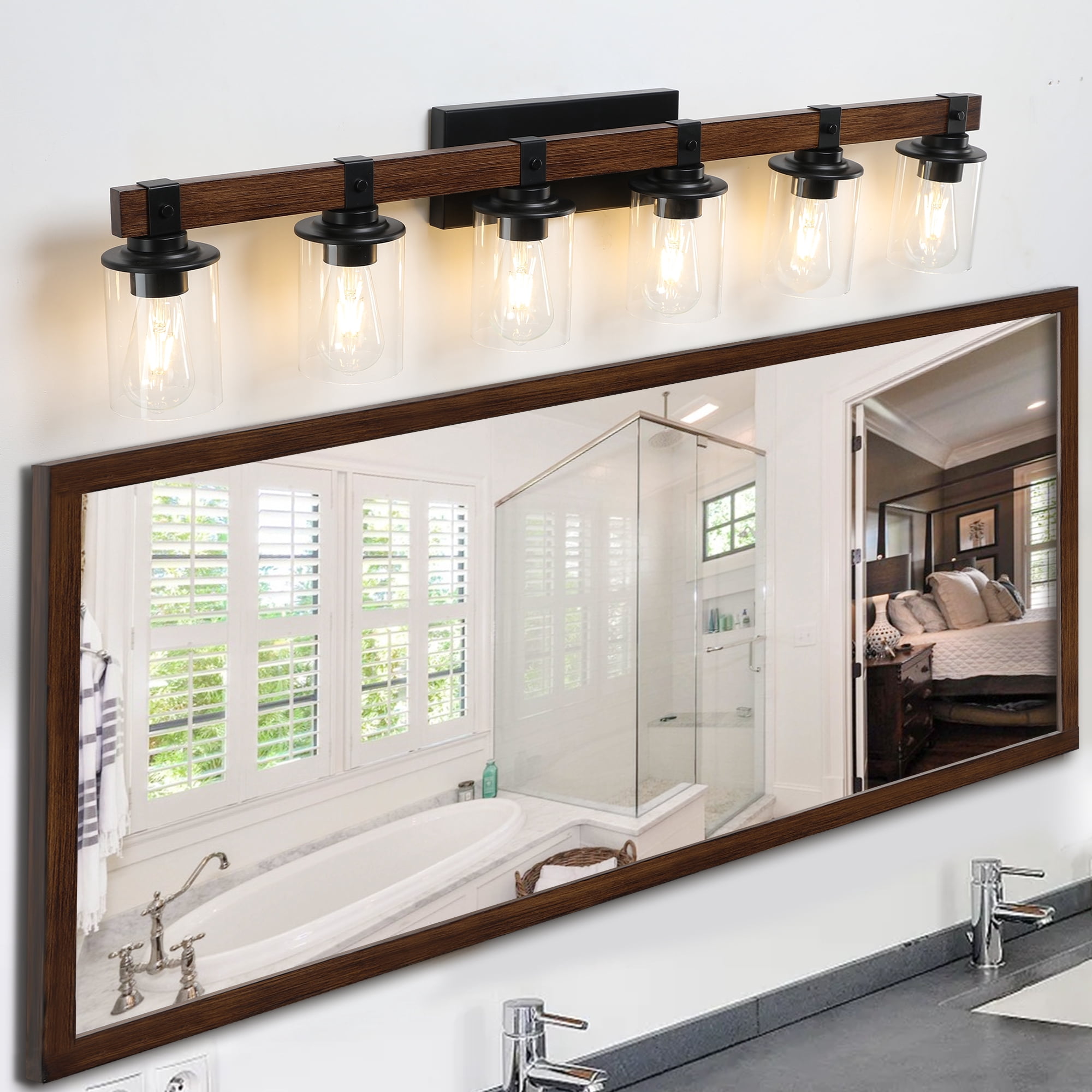 Leumius 6-Light Bathroom Vanity Light, Industrial Wall Sconce with Glass Shades and Wood Accent, Modern Farmhouse Lighting Fixture for Mirror, Bathroom, Bedroom and Hallway Walnut (No Bulbs)
