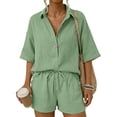 thumbnail image 5 of WAYUTE Short Sets Women 2 Piece Outfits Trendy Lapel Solid Color Blend Shirt and Shorts with Pockets Comfortable Soft Summer Casual Wear, 5 of 7