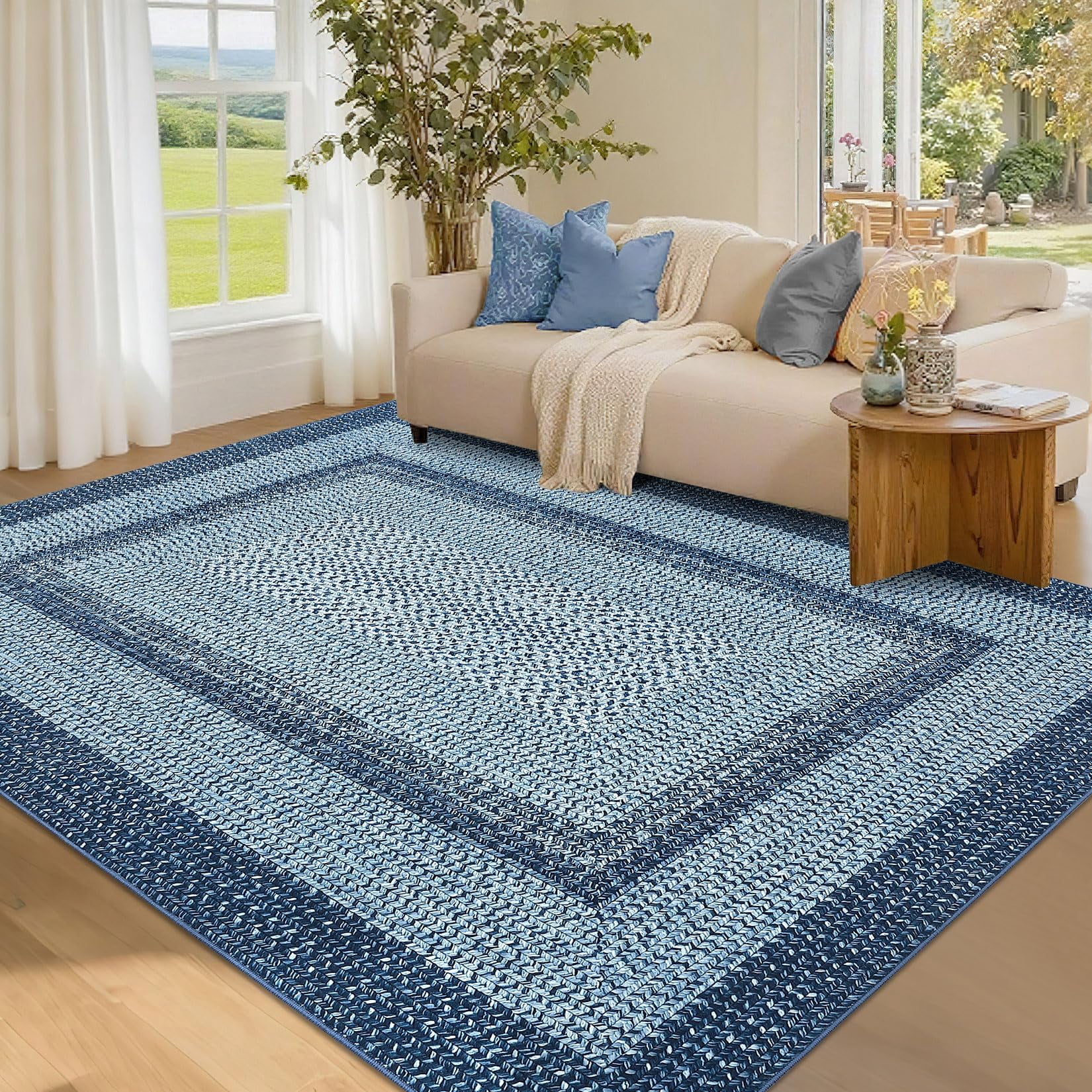 Modern Washable Area Rug 4'x6' Vintage Braided Print Non-Slip Low Pile Carpet for Living Room Bedroom Home Office, Gray and Blue