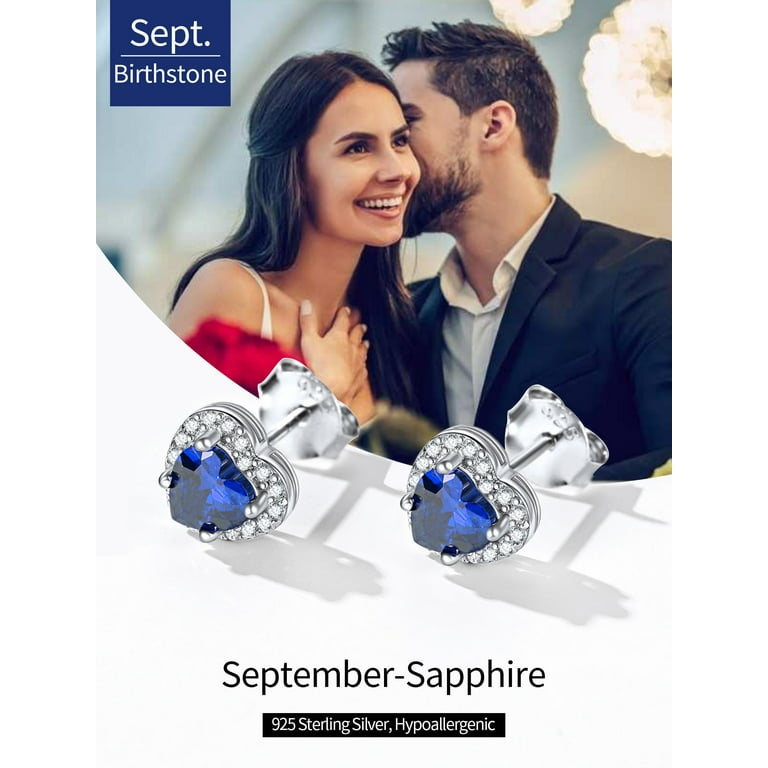 ChicSilver Women September Birthstone Jewelry 925 Sterling Silver Heart  Blue Sapphire Stud Earrings Hypoallergenic Earrings for Sensitive Ear