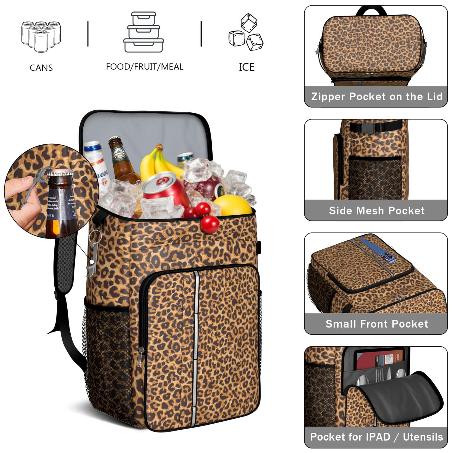 Travel Cooler Bag - Brown and Black Leopard Print Camping Beer Cooler Backpack with Bottle Opener- Waterproof Insulated Picnic Backpacks - Cooler Bag for Beach