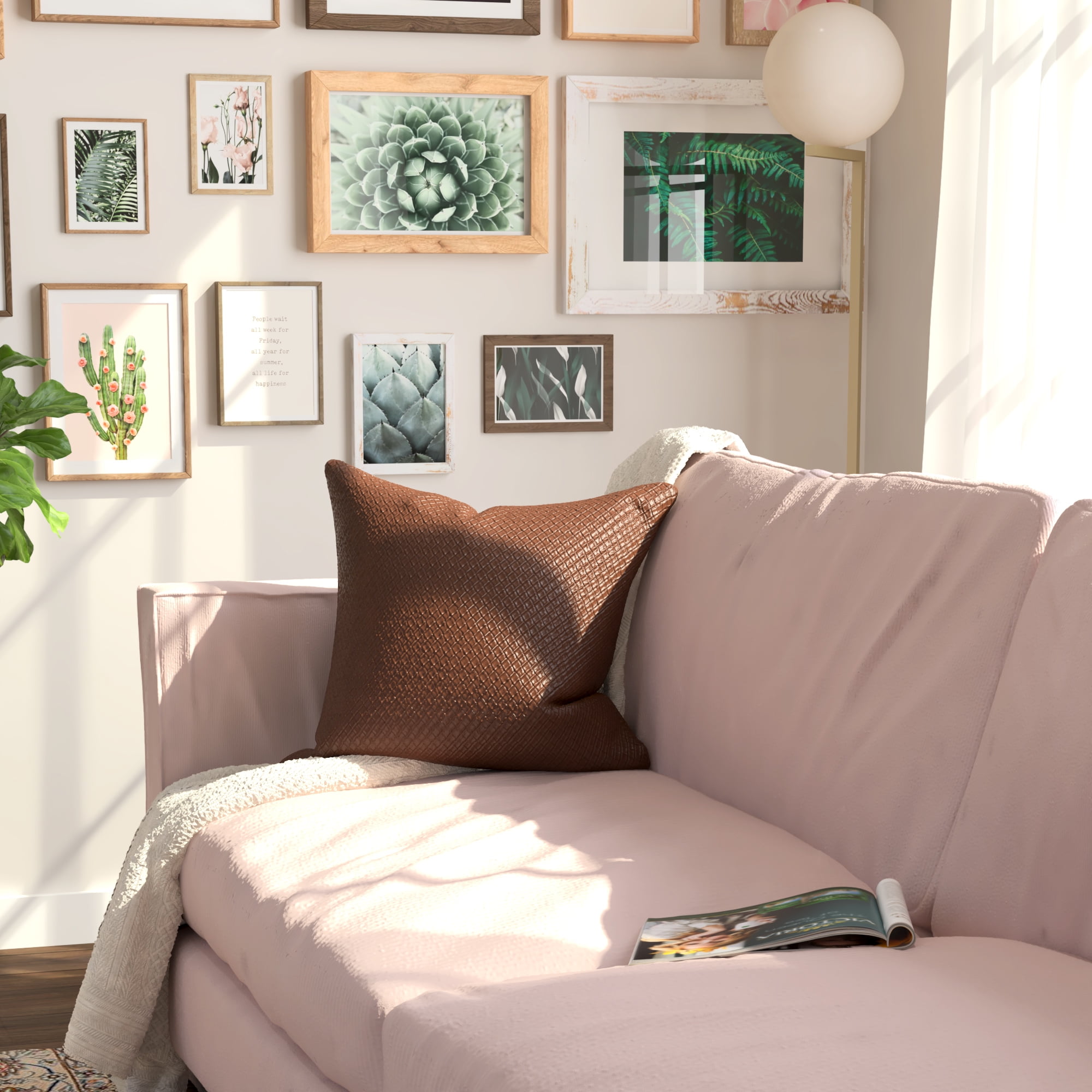Decorative Throw Pillow Cover, 18” x 18”, Brown, Embossed Diagonal Basketweave Pattern in Brown on Fauz Leather Creating a Natural Sense of Style for an Living Room, Bed, and Sofa.