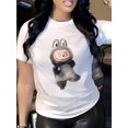 thumbnail image 1 of Women's Cartoon Animal Print Short Sleeve T-Shirt - Cute Rabbit & Bear Graphic, Breathable Round Neck Casual Tee, Machine Washable Comfort Fit for Casual Attire, Allseason Apparel, Medium Elasticity, 1 of 6