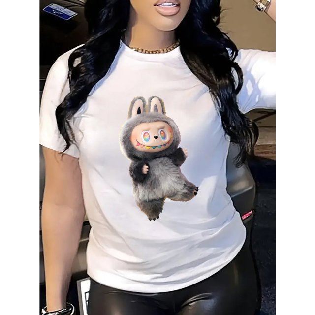 Women's Cartoon Animal Print Short Sleeve T-Shirt - Cute Rabbit & Bear Graphic, Breathable Round Neck Casual Tee, Machine Washable Comfort Fit for Casual Attire, Allseason Apparel, Medium Elasticity