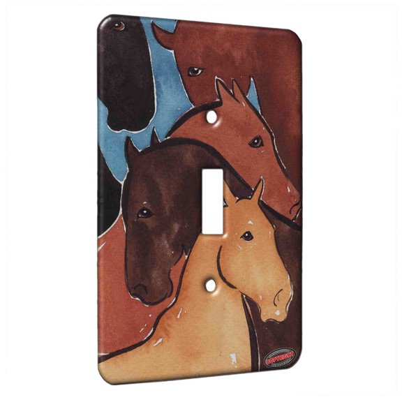 KuzmarK™ Single Gang Toggle Switch Wall Plate - Five Horses in Earth Tones Abstract Horse Art by Denise Every