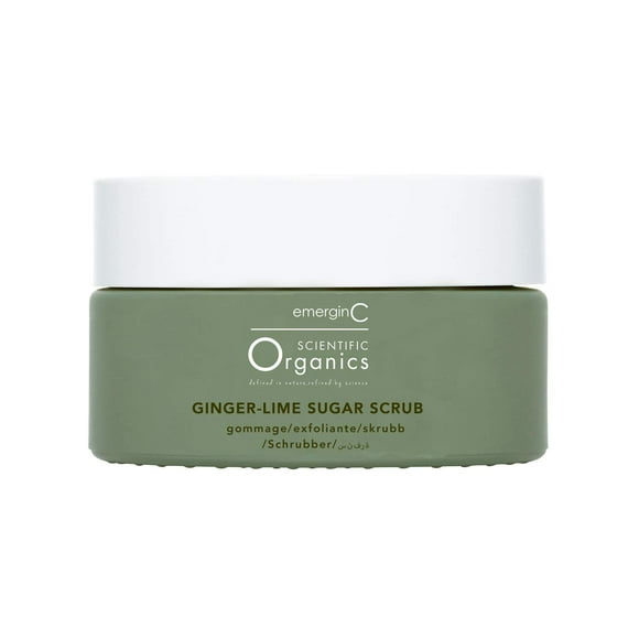 emerginC Scientific Organics Exfoliante de azúcar de lima y jengibre - Exfoliante corporal con vitamina E + manteca de karité hidratante aceite de raíz de jengibre + aceite de coco - Elimina la piel m