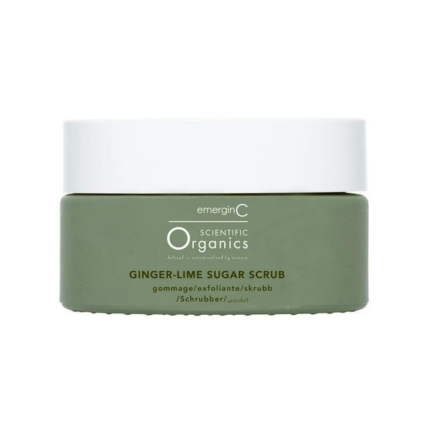 emerginC Scientific Organics Exfoliante de azúcar de lima y jengibre - Exfoliante corporal con vitamina E + manteca de karité hidratante aceite de raíz de jengibre + aceite de coco - Elimina la piel m