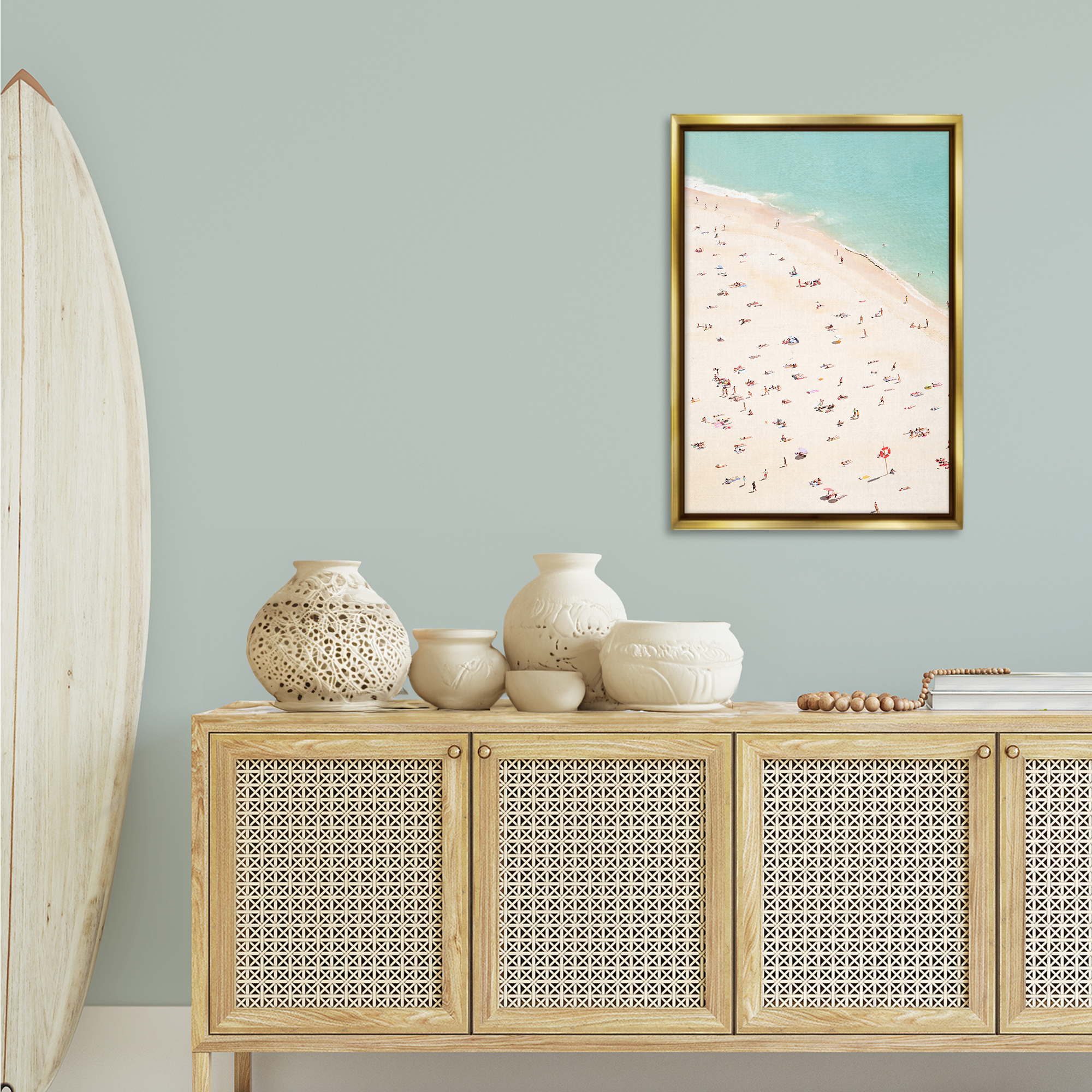 Stupell Industries Summer Beachgoer Crowd Nautical & Beach Photography Gold Floater Framed Canvas Art Print Wall Art, 21 x 31