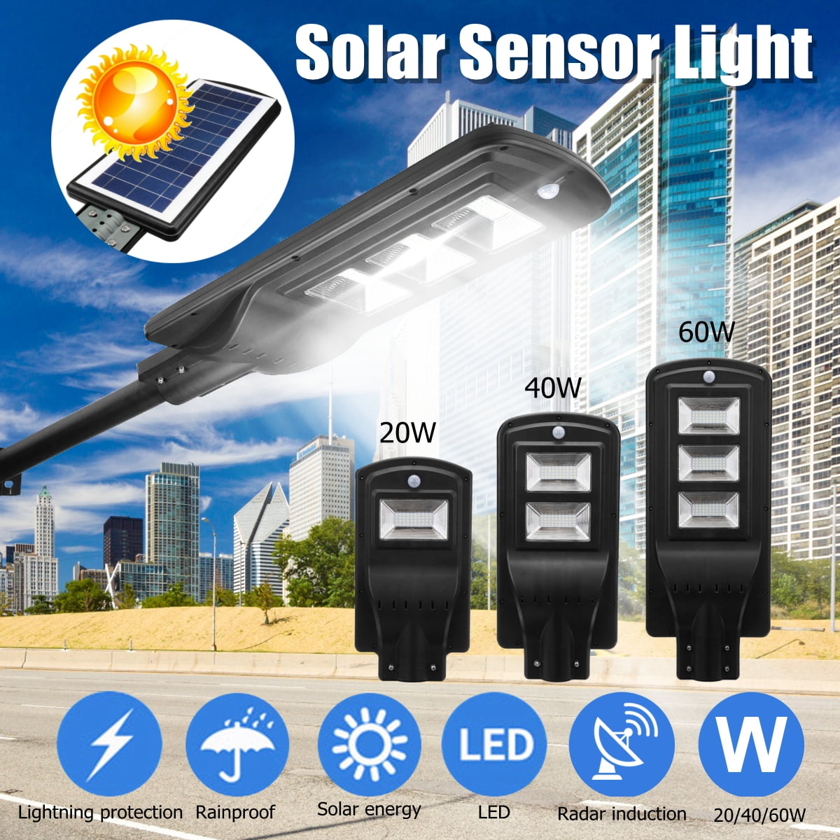 20/40/60W LED Solar Street Light Motion Sensor Outdoor Garden Wall Lamp