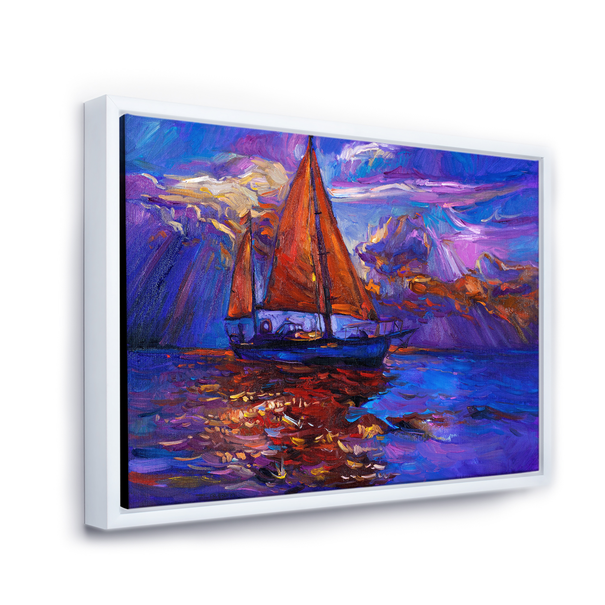 Red Sail Ship On Purple Sunset in Blue Ocean 32 in x 24 in Framed Painting Canvas Art Print, by Designart