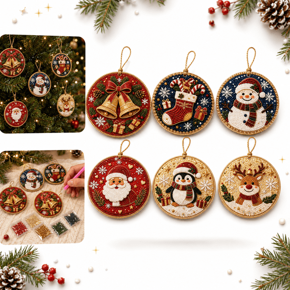 DIY Christmas Pearl Bead Ornament Kit, 6 Styles Acrylic Hanging Decorations with Santa Snowman Reindeer Designs, Holiday Craft Set for Christmas Tree Home Decor