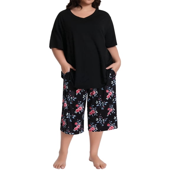 Homlouue Plus Size Womens Pajama Sets,V-Neck Sleepwear Top&Capri Printed Pants with Pockets,2 Piece Womens Lounge Set(2XL,Black)