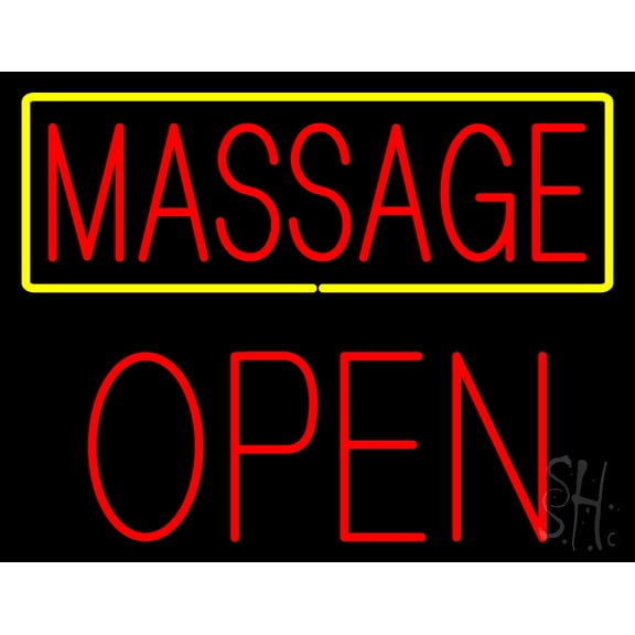Red Massage Yellow Border Block Open LED Neon Sign 24 x 31 - inches, Black Square Cut Acrylic Backing, with Dimmer - Bright and Premium built indoor LED Neon Sign for Spa decor and storefront.