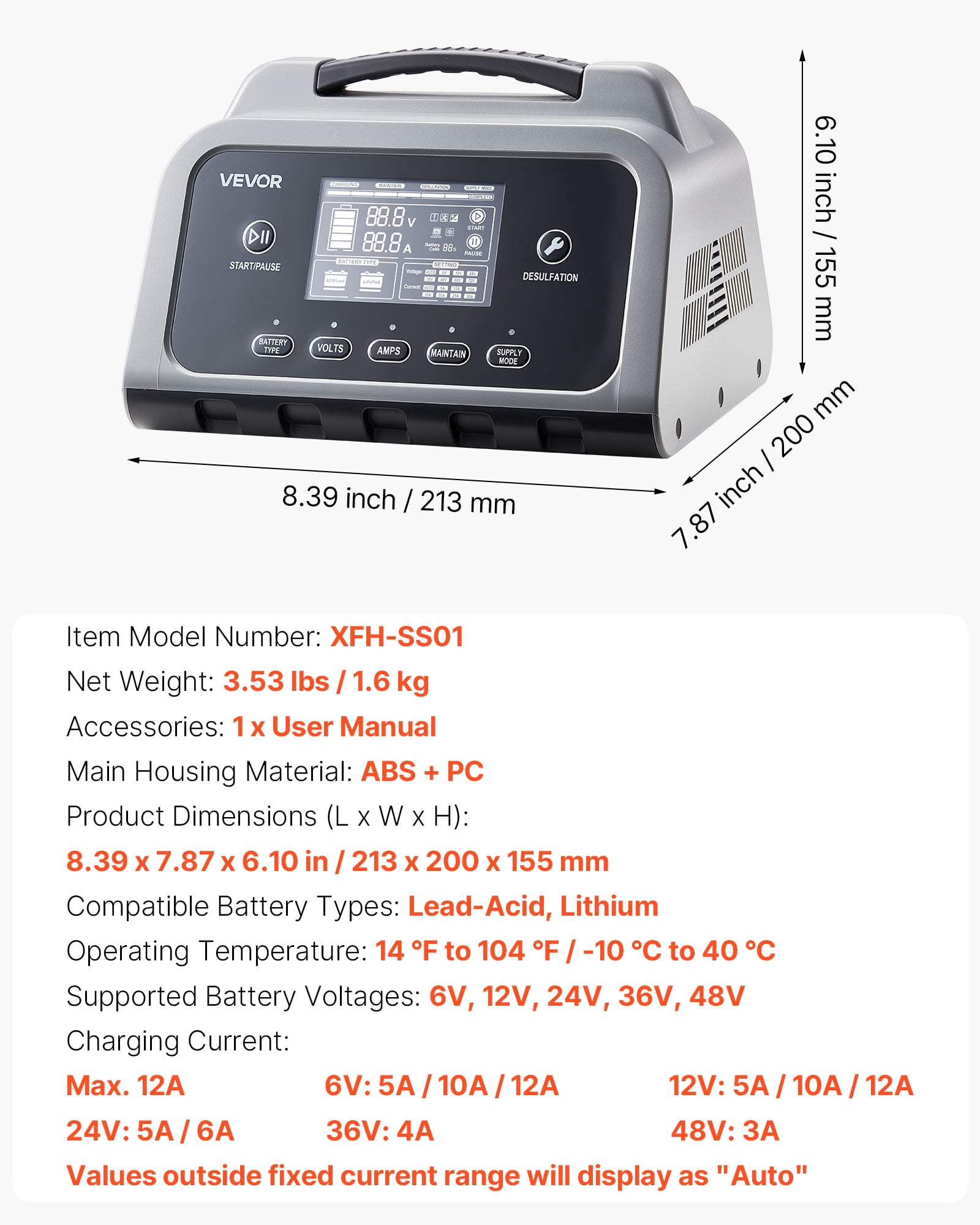 VEVOR Smart Battery Charger, 12A, 6V 12V 24V 36V 48V Lithium LiFePO4 Lead-Acid (Gel / AGM) Car Battery Charger, with LCD Display, Trickle Charging Maintainer Desulfator, for Car, Boat, Motorcycle