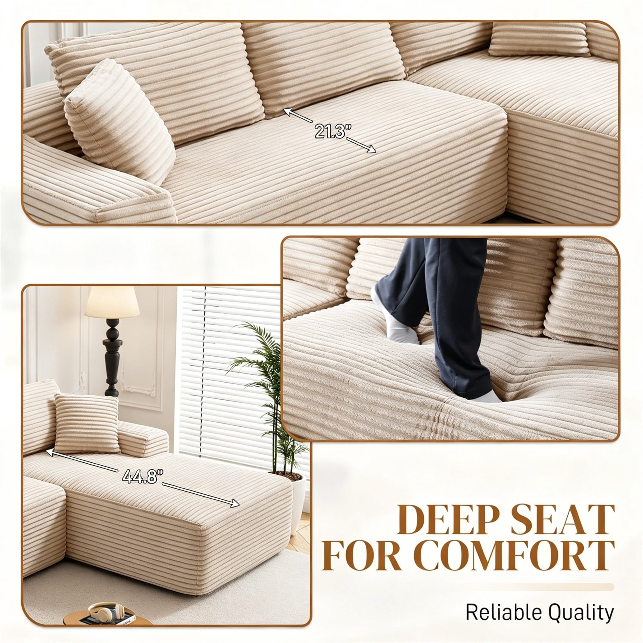 Aukfa 96" Cloud Sectional Sofa Deep Seat Boneless Couch Modular L-Shaped Couch, Right Chaise Corduroy Sofa for Living Room, Camel