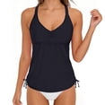 thumbnail image 3 of Racerback Tankini Swimsuit, Women's V-Neck Ruched Top with Side Drawstrings, Tummy 2-Piece Swimwear Black S, 3 of 6