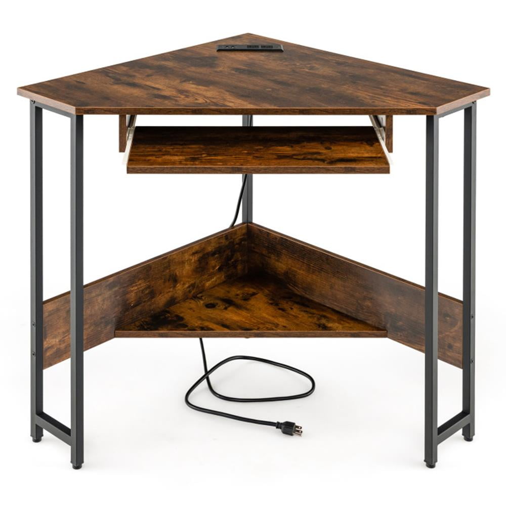 Demi Bonn Triangle Corner Desk with Charging Station Keyboard Tray and Storage Shelf, Small Home Office Desk Study Writing Table, Brown