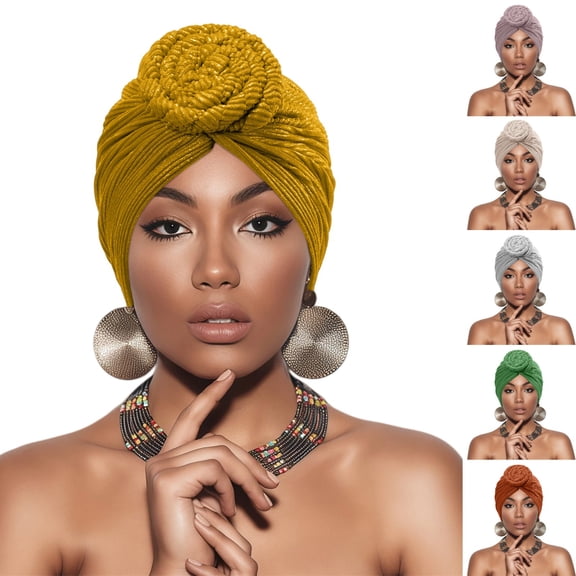 VJGBEGW Women Shimmer Ribbed Pre-Tied African Turban Head Wrap Knotted Crochet Top Stretch Hair Turban Cap Soft Head Scarf Beige One Size