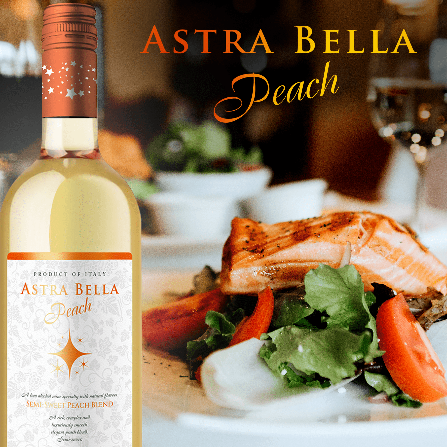 Astra Bella Semi-Sweet Peach, Italian Blend 750 ml Glass Bottle, 5.5% ABV